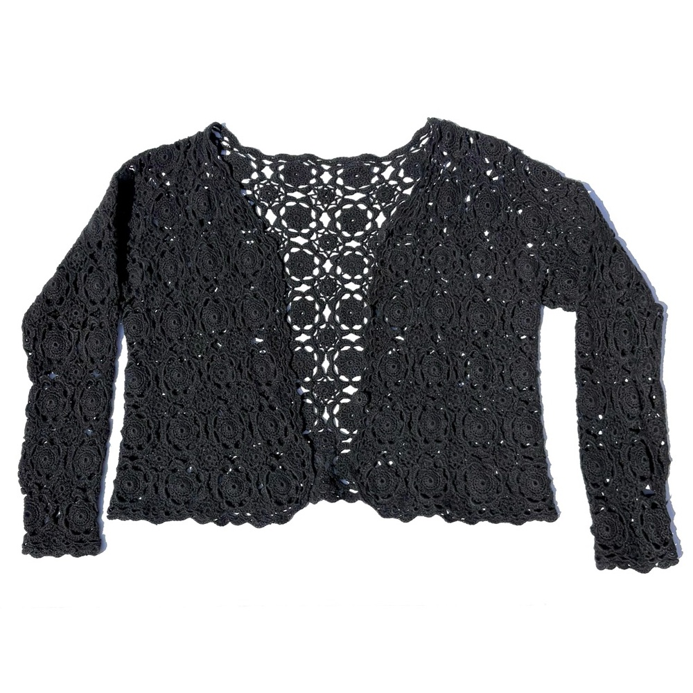 90s Jr’s Black Crochet Lightweight Open Knit Sweater Cottage Core, Grandma Core